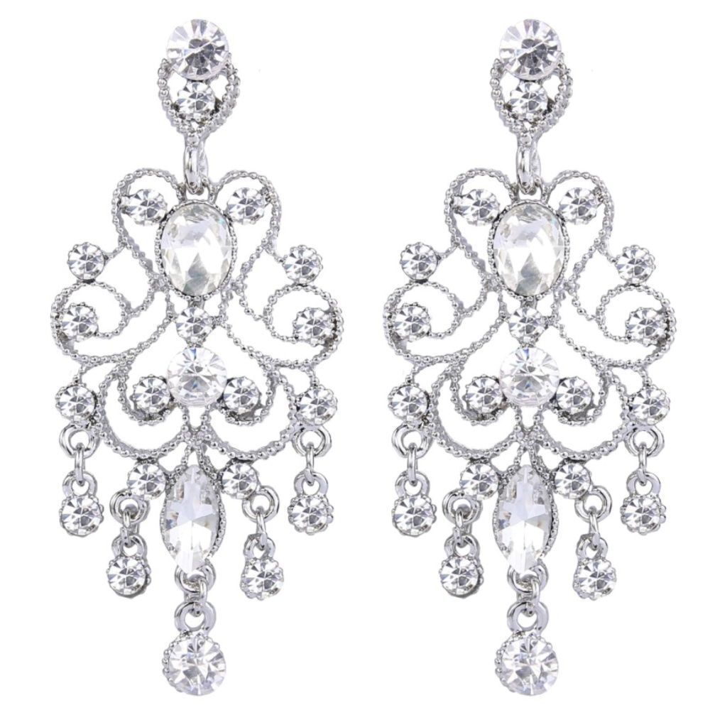 Silver with White Diamond Austrian Crystal Banquet Chandelier Post Back Earrings